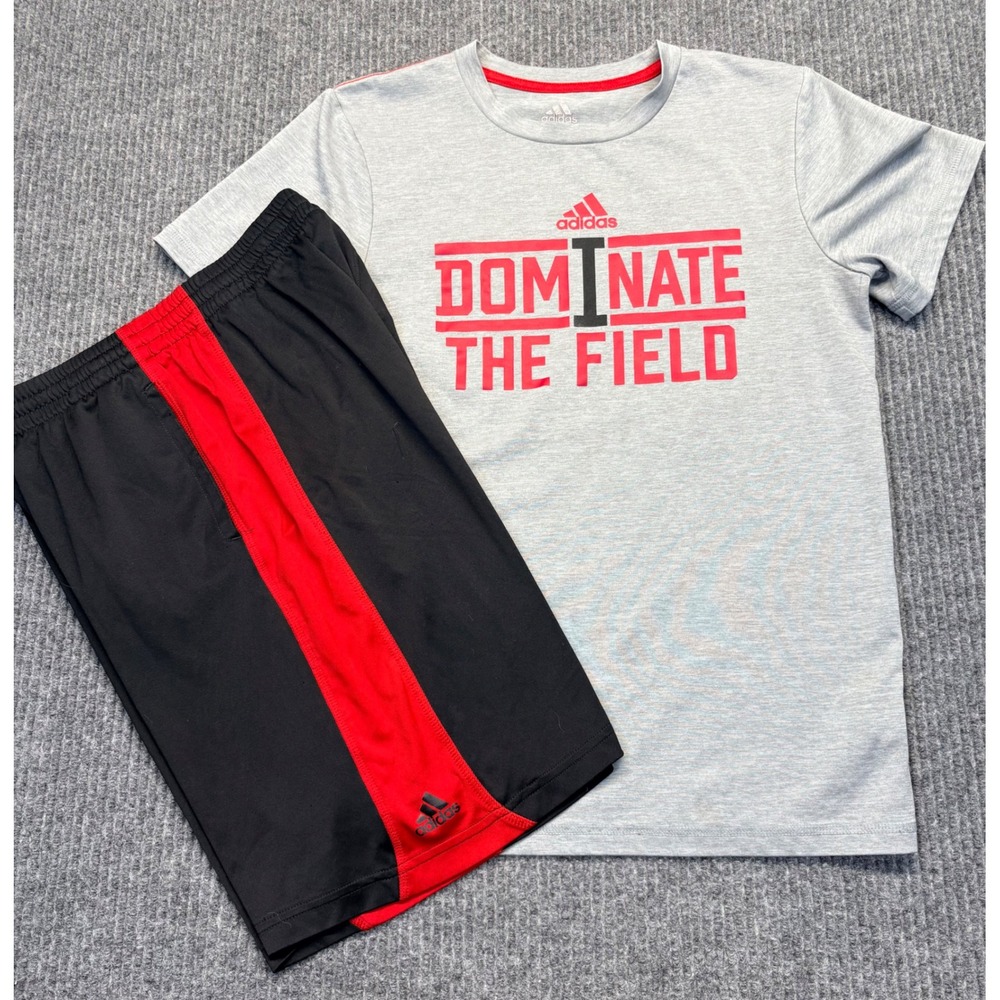 Adidas Kids Grey Red Dominate The Field T-Shirt and Shorts Set Size M 10-12